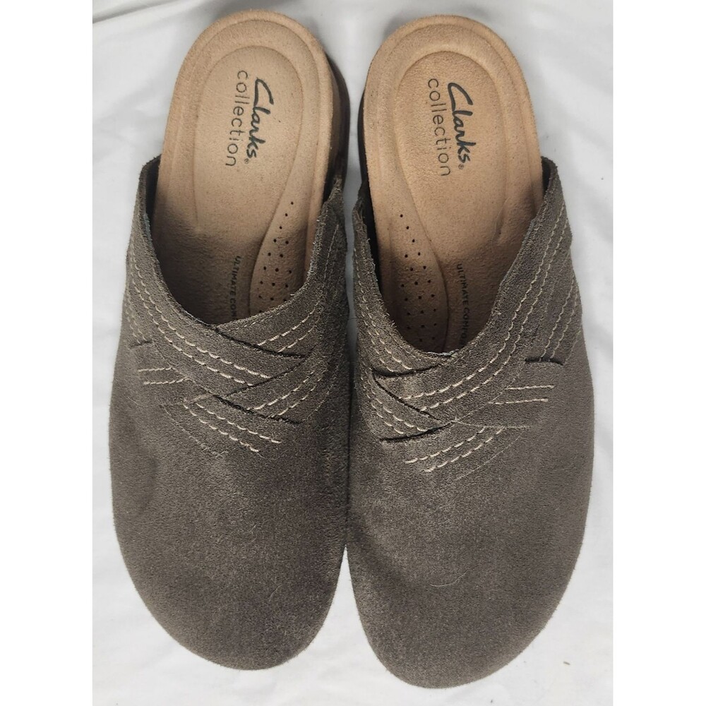Clarks Brynn Glide Olive Suede Clogs 9.5 Quiet Luxury Utility Gorpcore Comfort